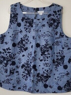 Liz‎ Claiborne Linen Blend Sleeveless Top Floral Cottagecore Chambray Size XL